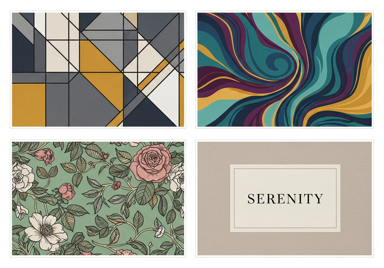 Comparison of custom rug pattern styles including geometric abstract minimalist boho and modern designs side by side