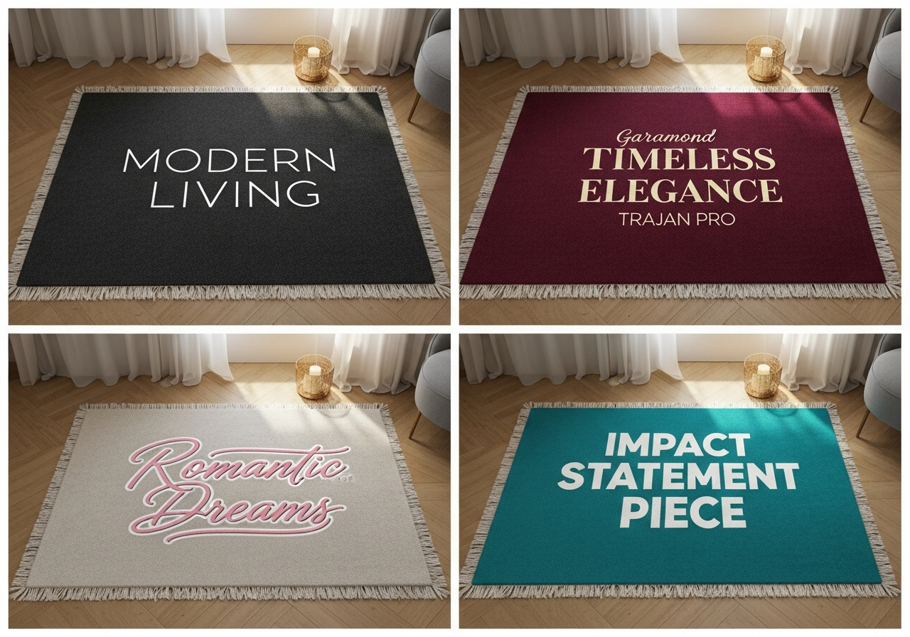 Typography examples on custom rugs showing various font styles sizes and placements with readability ratings for each