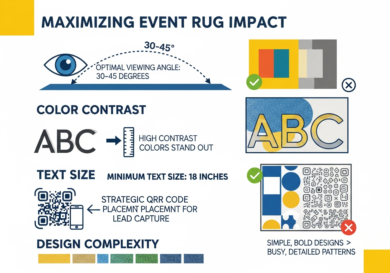 Design tips for maximum event impact showing high-contrast logo placement bold color choices and readable font sizing on custom event rugs
