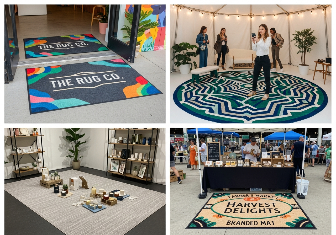 Examples of custom rugs used in pop-up shops and retail events showing branded floor mats welcome rugs and product display areas