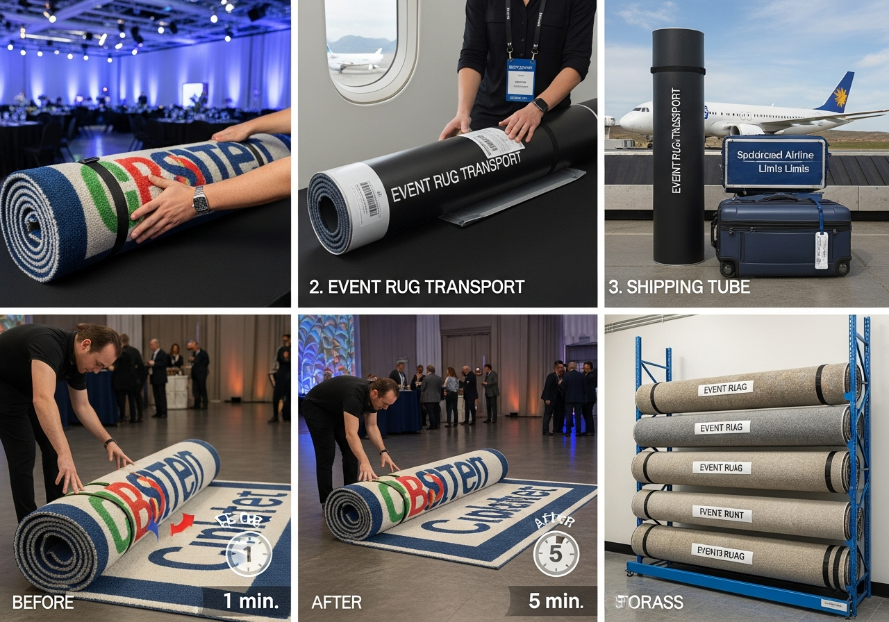 Guide to transporting and storing custom event rugs showing rolling techniques carrying cases and storage best practices
