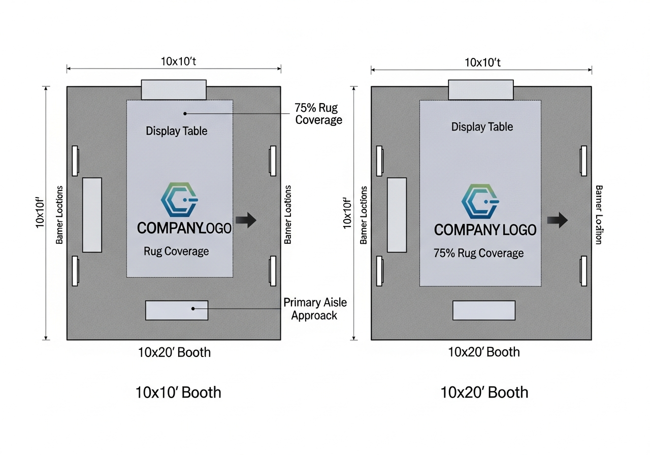 Trade show booth layout showing optimal custom rug placement with logo positioning dimensions and traffic flow patterns