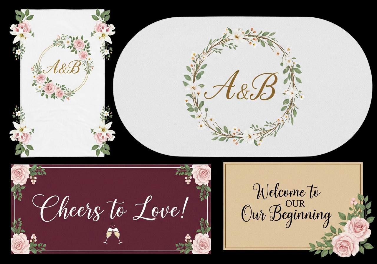 Custom rug ideas for weddings and special events including aisle runners reception dance floor mats and ceremony focal pieces