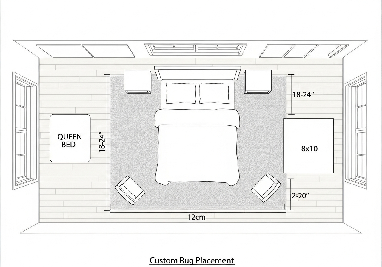 Bedroom custom rug sizing diagram showing placement under bed with recommended extension dimensions on sides and foot