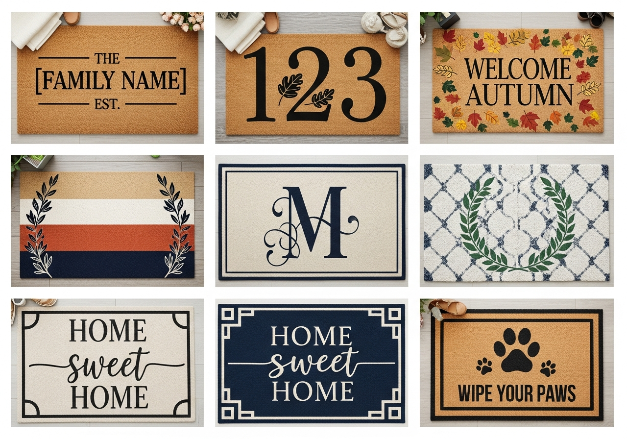 Custom entryway welcome mat ideas showing personalized family name seasonal and decorative doormat designs