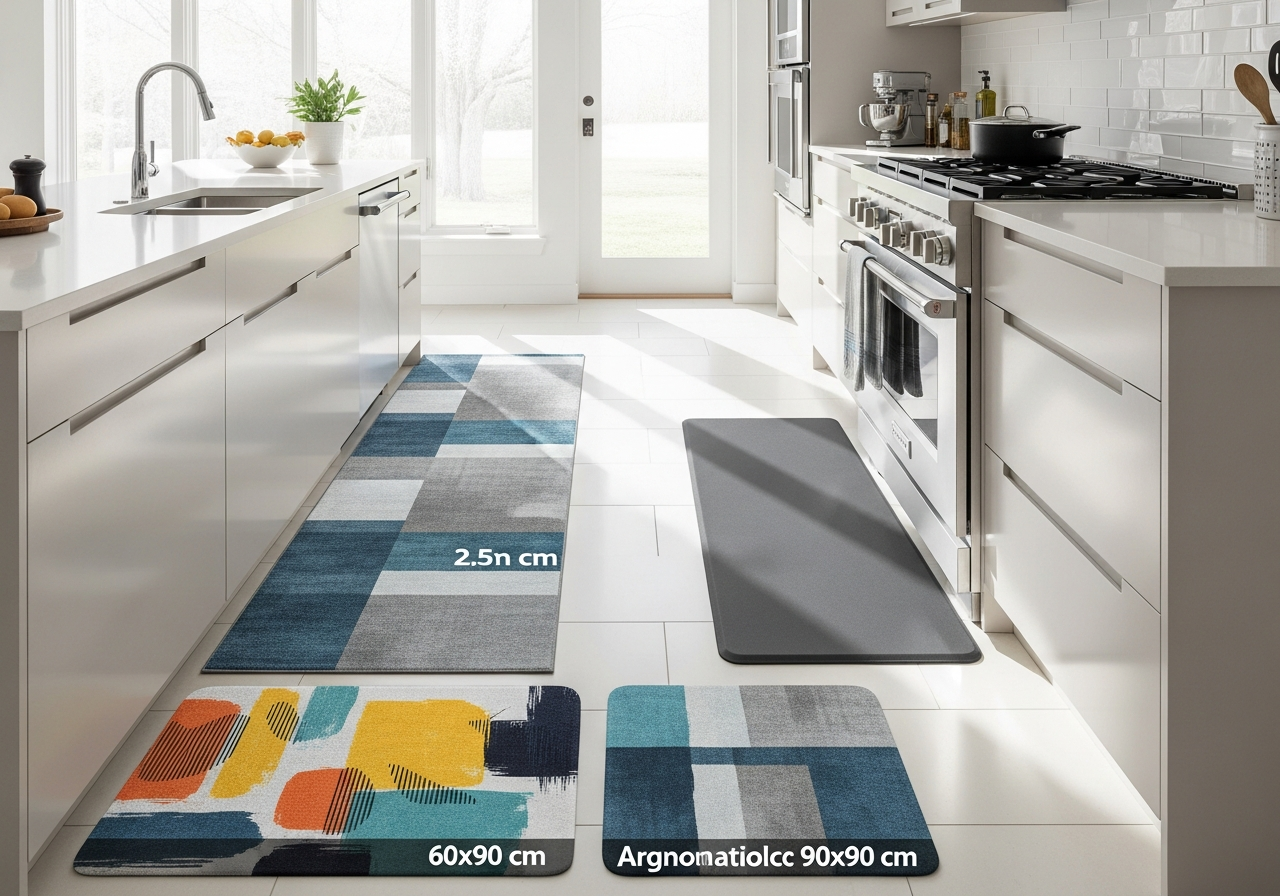 Kitchen custom rug placement guide showing runner positioning in front of sink and stove with accent mat at entrance