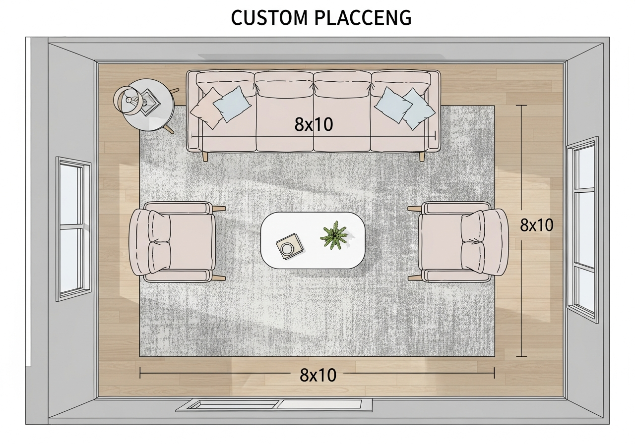 Living room custom rug placement guide showing proper sizing under sofa and furniture arrangement with dimension recommendations