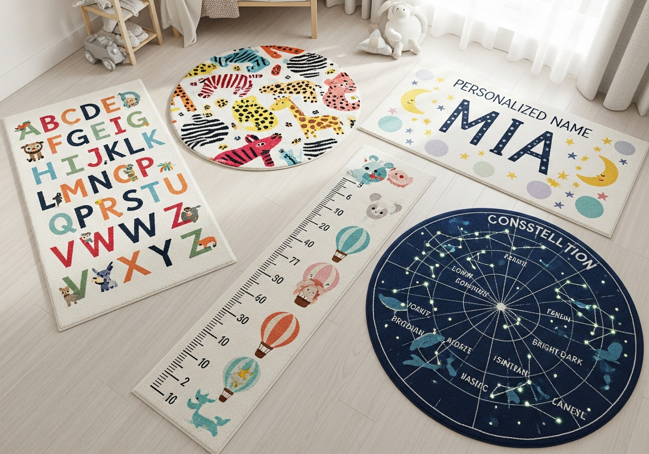 Custom nursery and kids room rug ideas showing personalized name designs educational patterns and playful themed designs