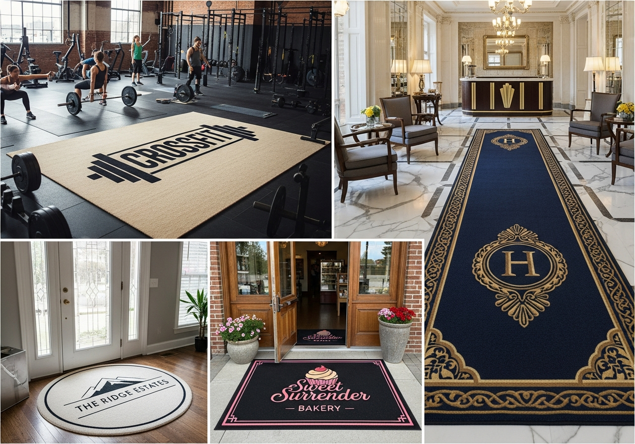 Case study examples showing custom logo rugs installed in dental practice fitness studio and real estate office with before and after comparisons
