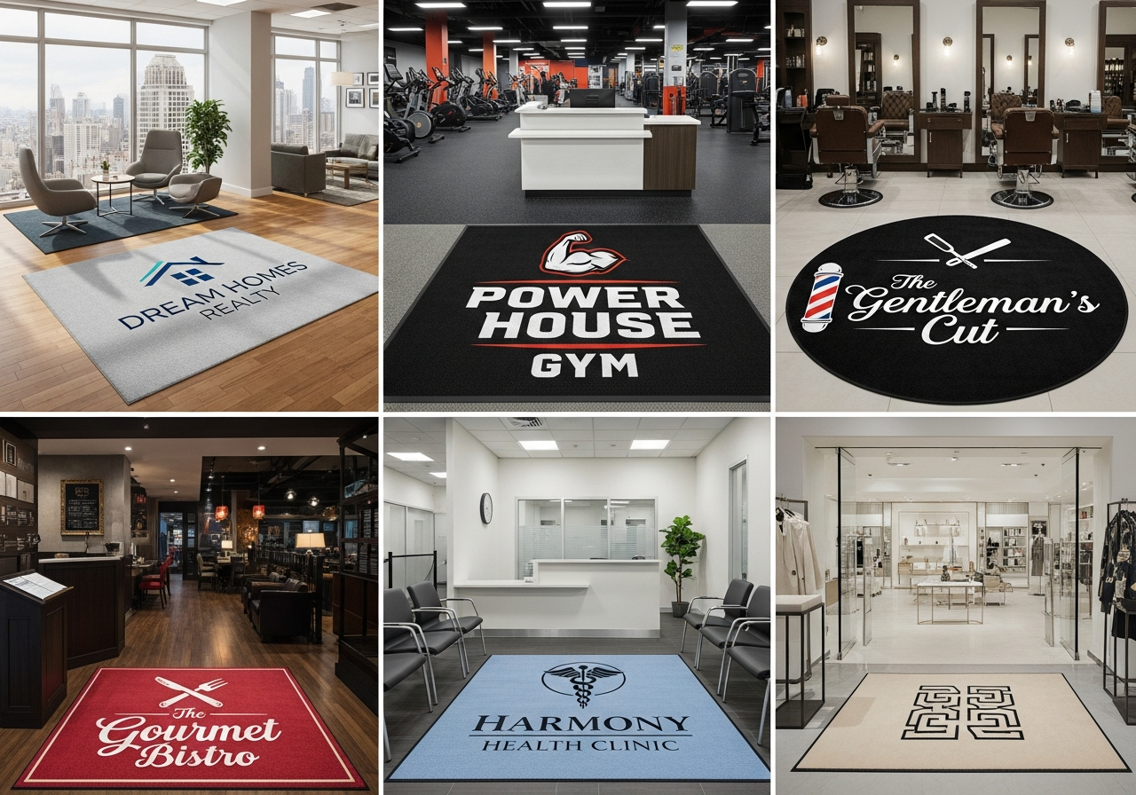 Examples of custom logo rugs used across different industries including retail salon gym restaurant and corporate office settings