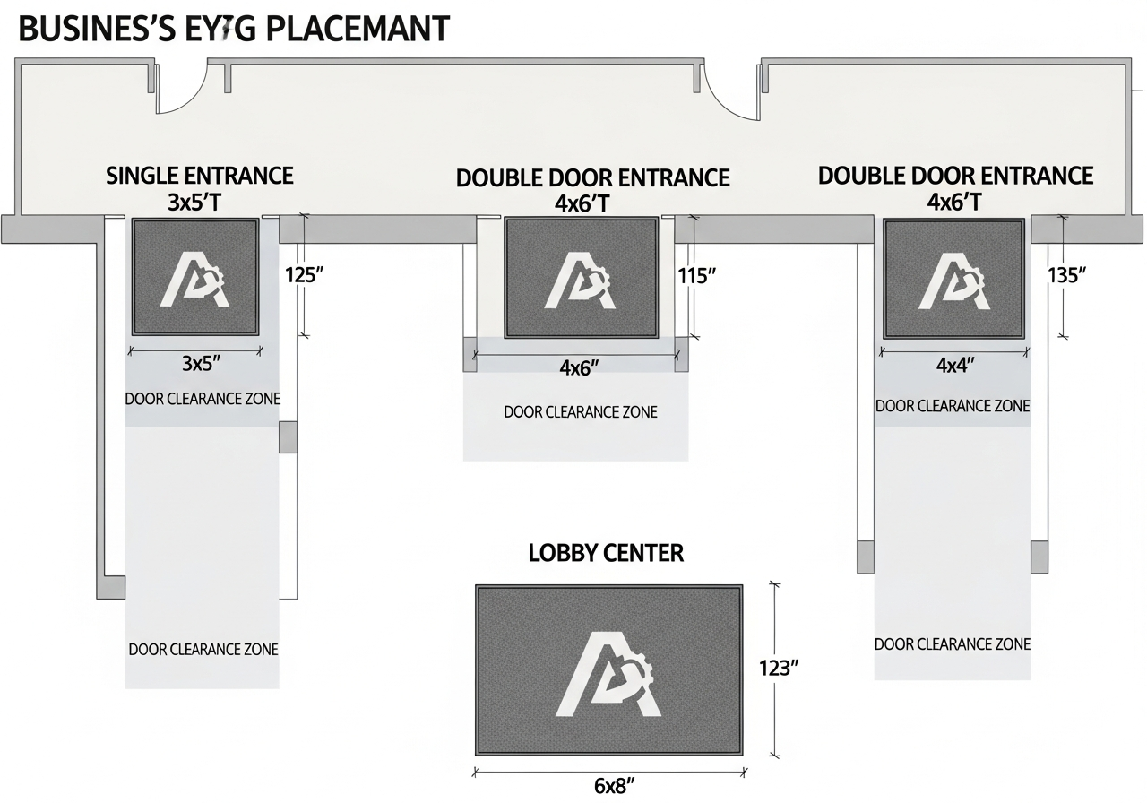 Logo rug sizing and placement diagram showing recommended dimensions for single door double door lobby and conference room installations