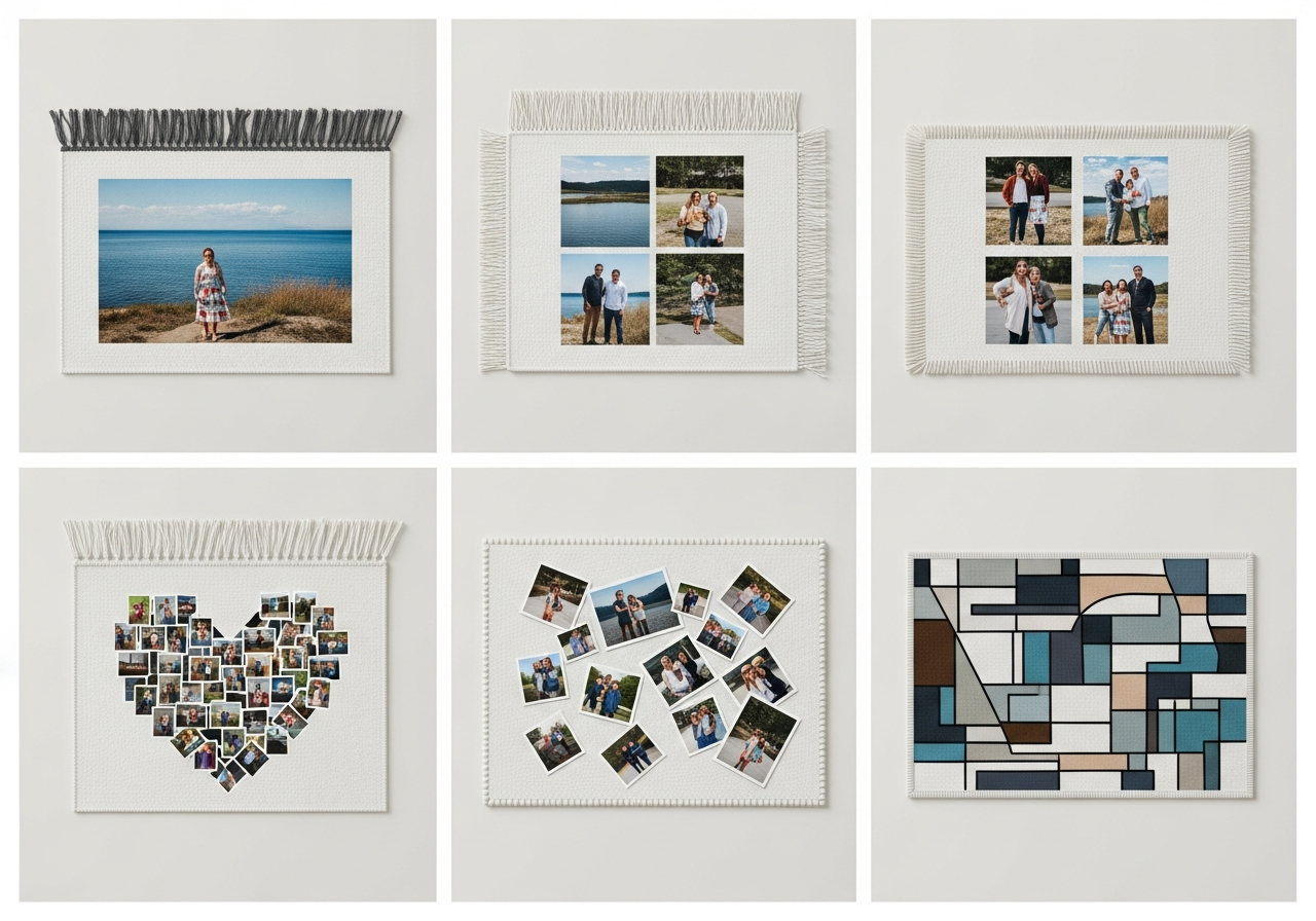 Comparison of single photo and various collage layout options for custom photo rugs including grid mosaic and scattered arrangements