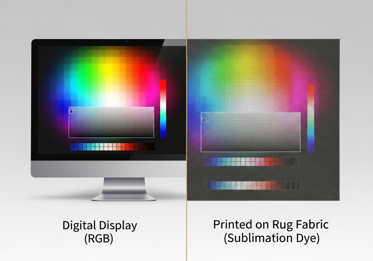 Visual comparison showing photo rug color accuracy between computer screen display and printed fabric output with explanations of color shift