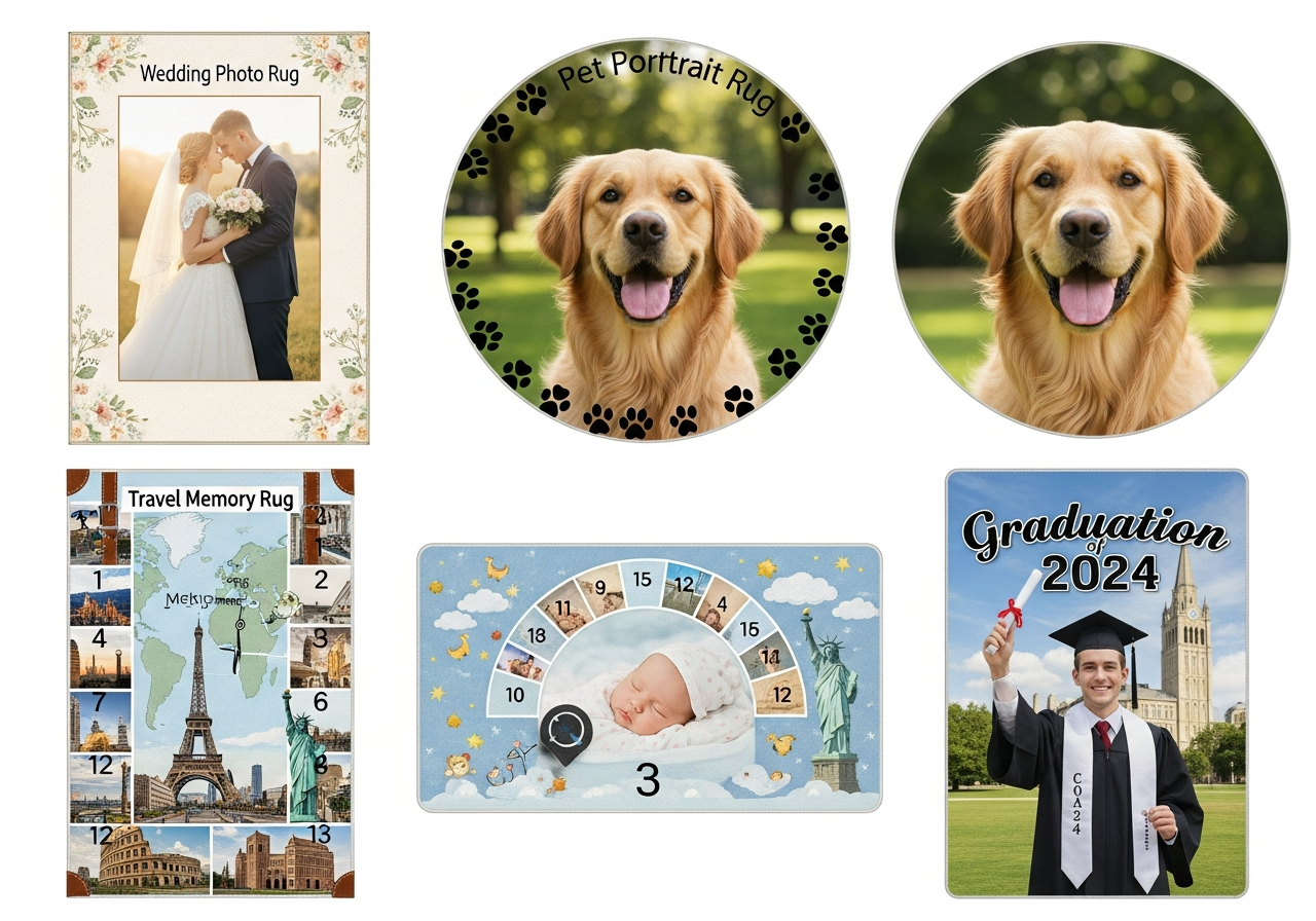 Grid of photo rug ideas for various occasions including weddings pet portraits baby milestones graduations and travel memories