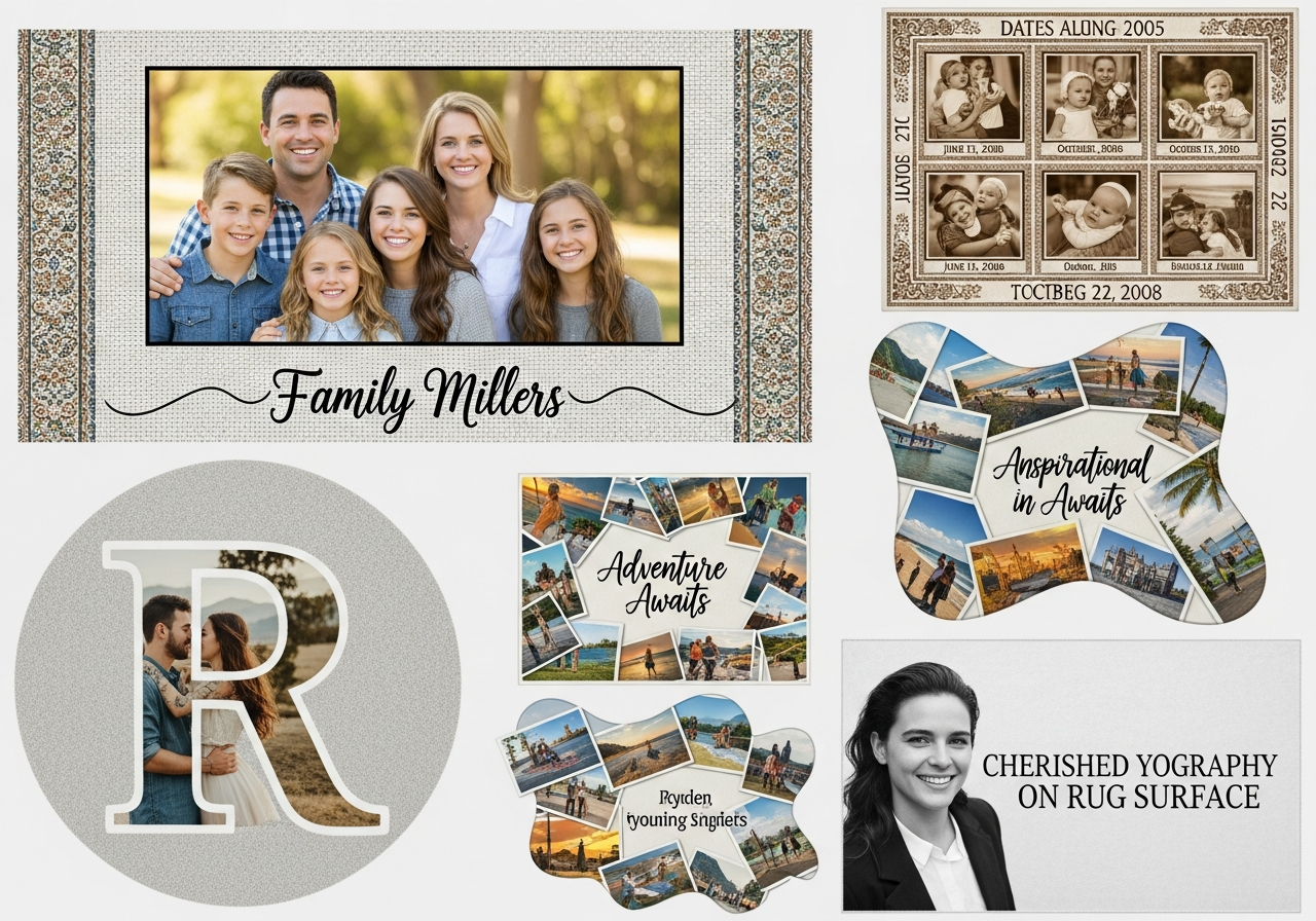 Examples of text placement on custom photo rugs showing name overlays date stamps and quote banners in various positions and fonts
