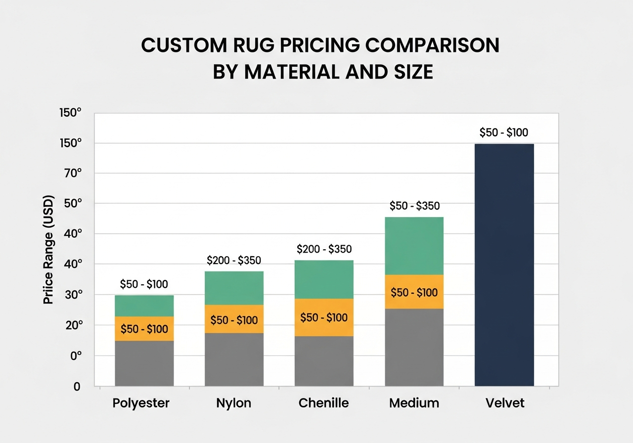 Custom rug pricing comparison chart showing cost ranges by material type and rug size from doormat to oversized area rug