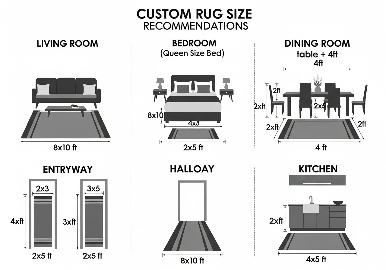 Room-by-room rug size chart showing recommended dimensions for living room bedroom dining room hallway and entryway with furniture placement guides