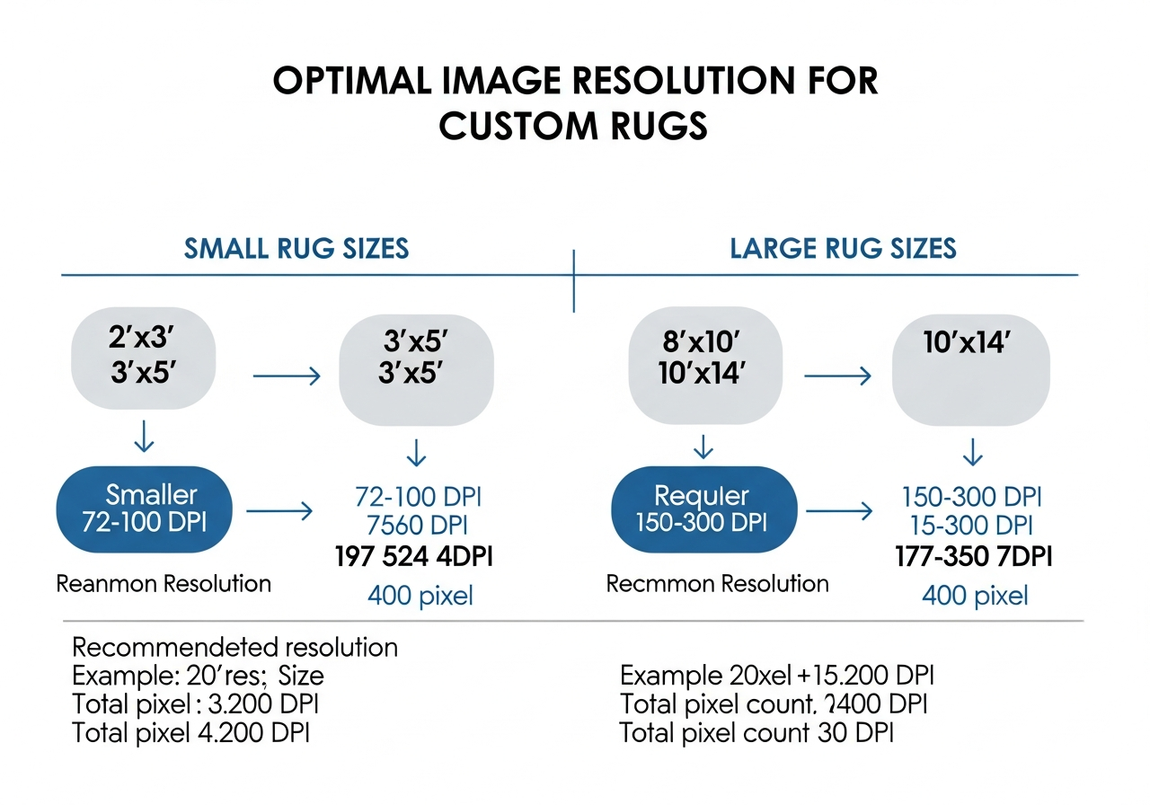 Guide showing how rug size affects print quality with recommended image resolutions for each standard rug dimension