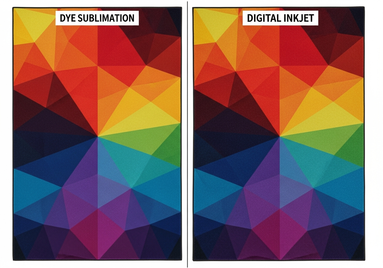 Side-by-side color vibrancy comparison of dye sublimation and digital inkjet printed custom rugs showing the same design