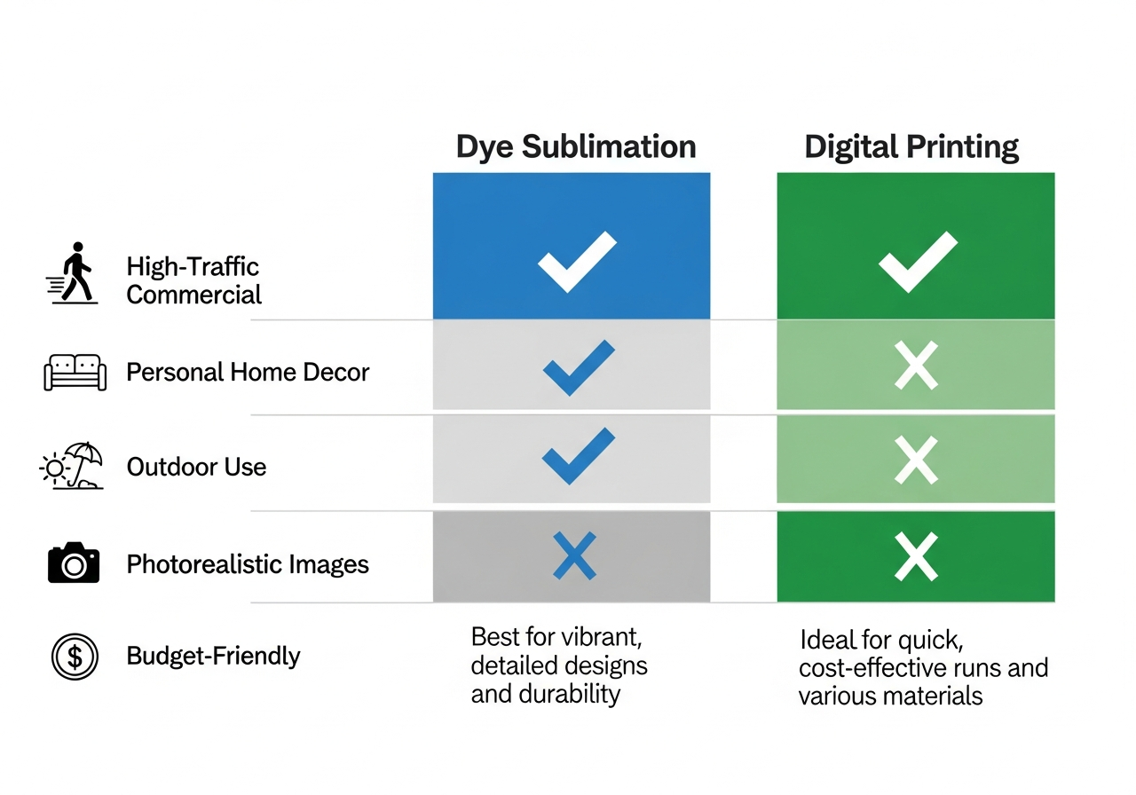 Decision matrix guide showing which custom rug printing method to choose based on material durability cost and design requirements
