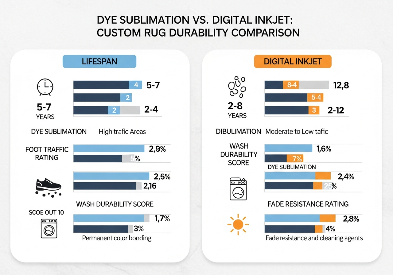 Durability and lifespan comparison chart showing sublimation versus digital inkjet rug printing longevity under different conditions