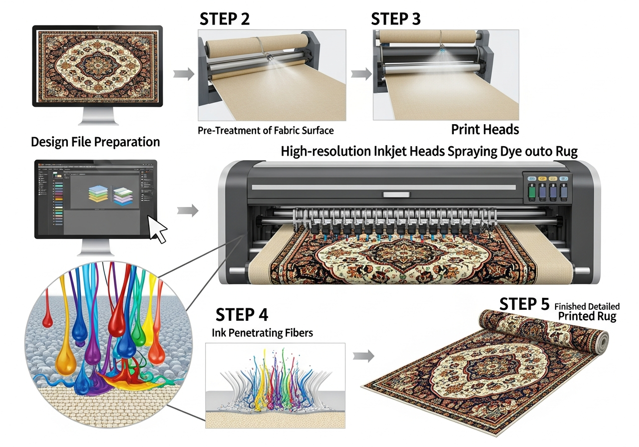 Step-by-step diagram showing the digital inkjet printing process for custom rugs from pre-treatment to ink application to curing