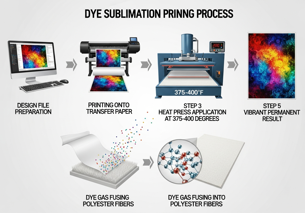 Step-by-step diagram showing the dye sublimation printing process for custom rugs from design to heat transfer to finished product