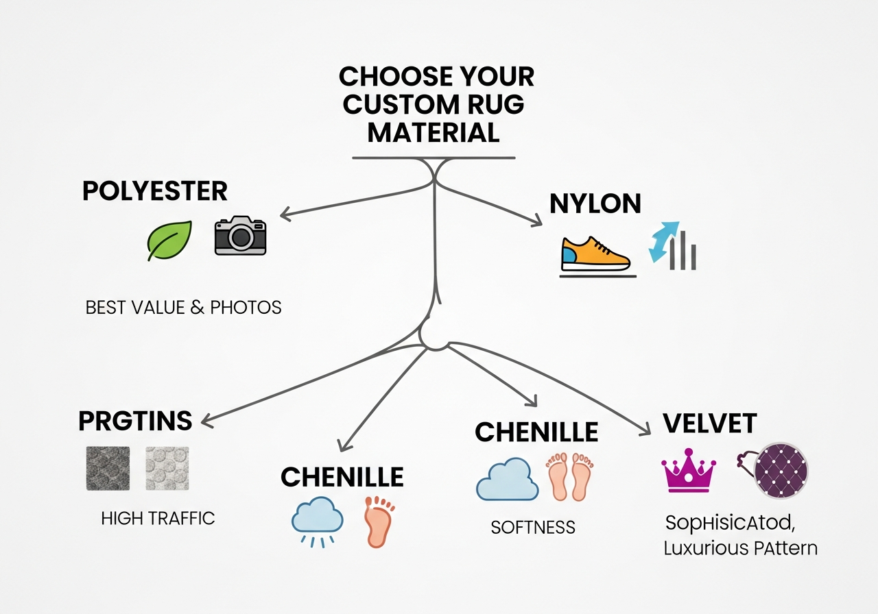 Material decision guide flowchart helping buyers choose between polyester nylon chenille and velvet for their custom rug based on use case and priorities