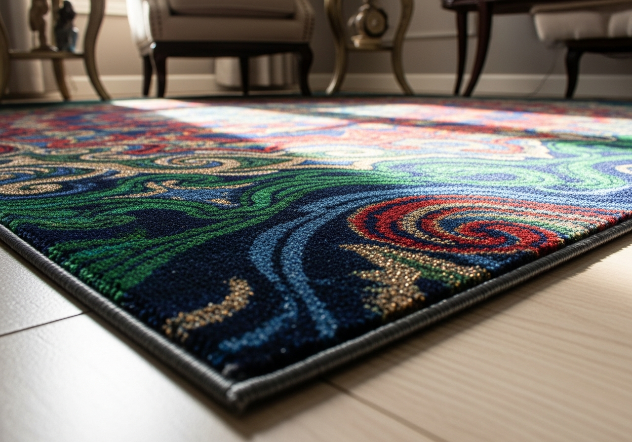 Detail shot of velvet custom rug showing characteristic shimmer lustrous surface and rich color depth