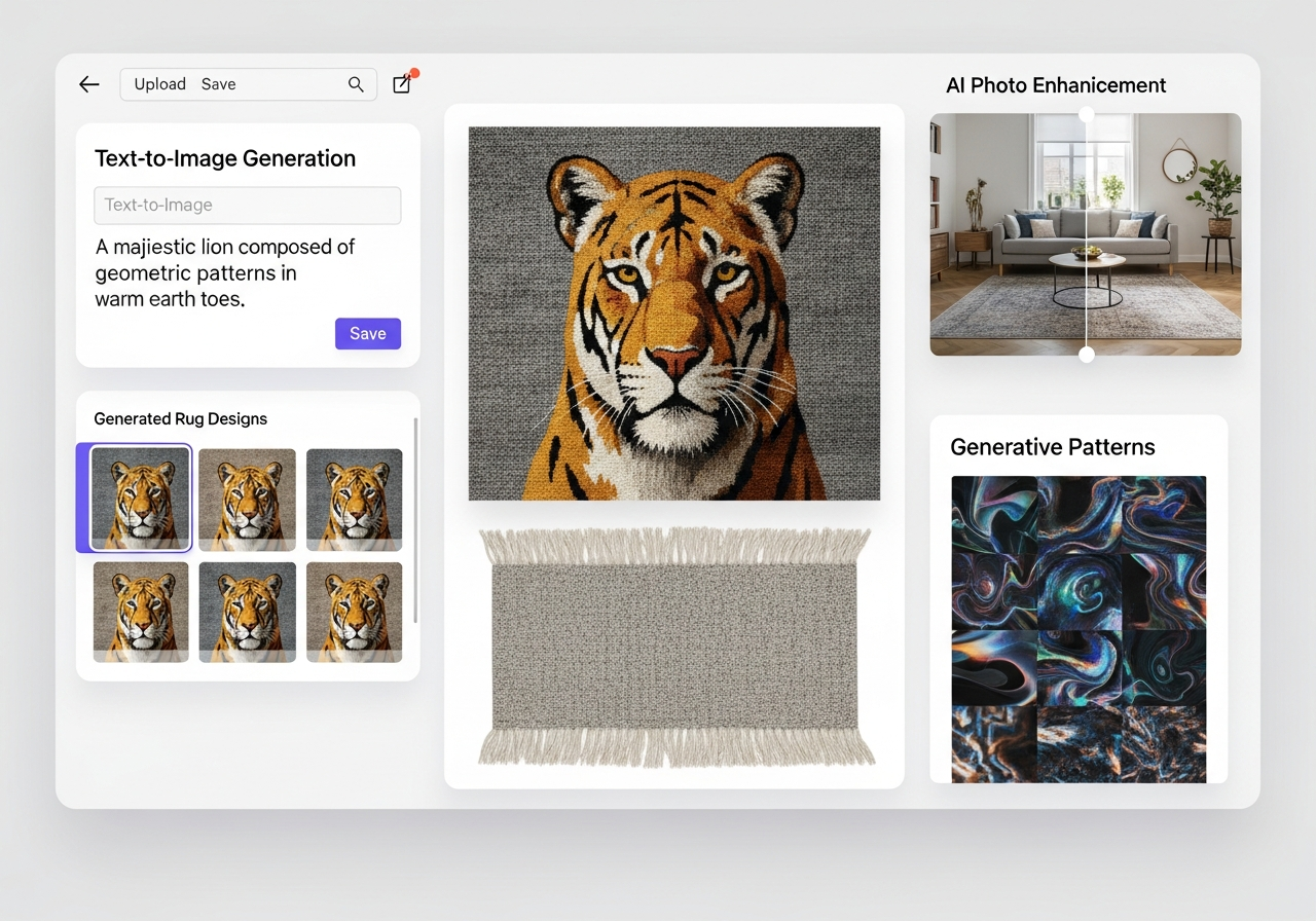 Example of AI-powered custom rug design tool interface showing text-to-image generation with various style options and pattern outputs