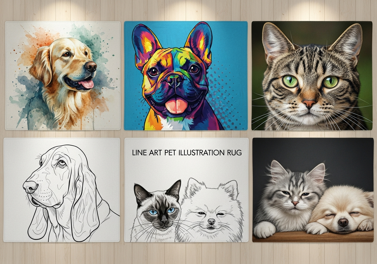 Various pet portrait custom rug styles showing realistic photo portraits pop art stylized and illustrated pet rug designs