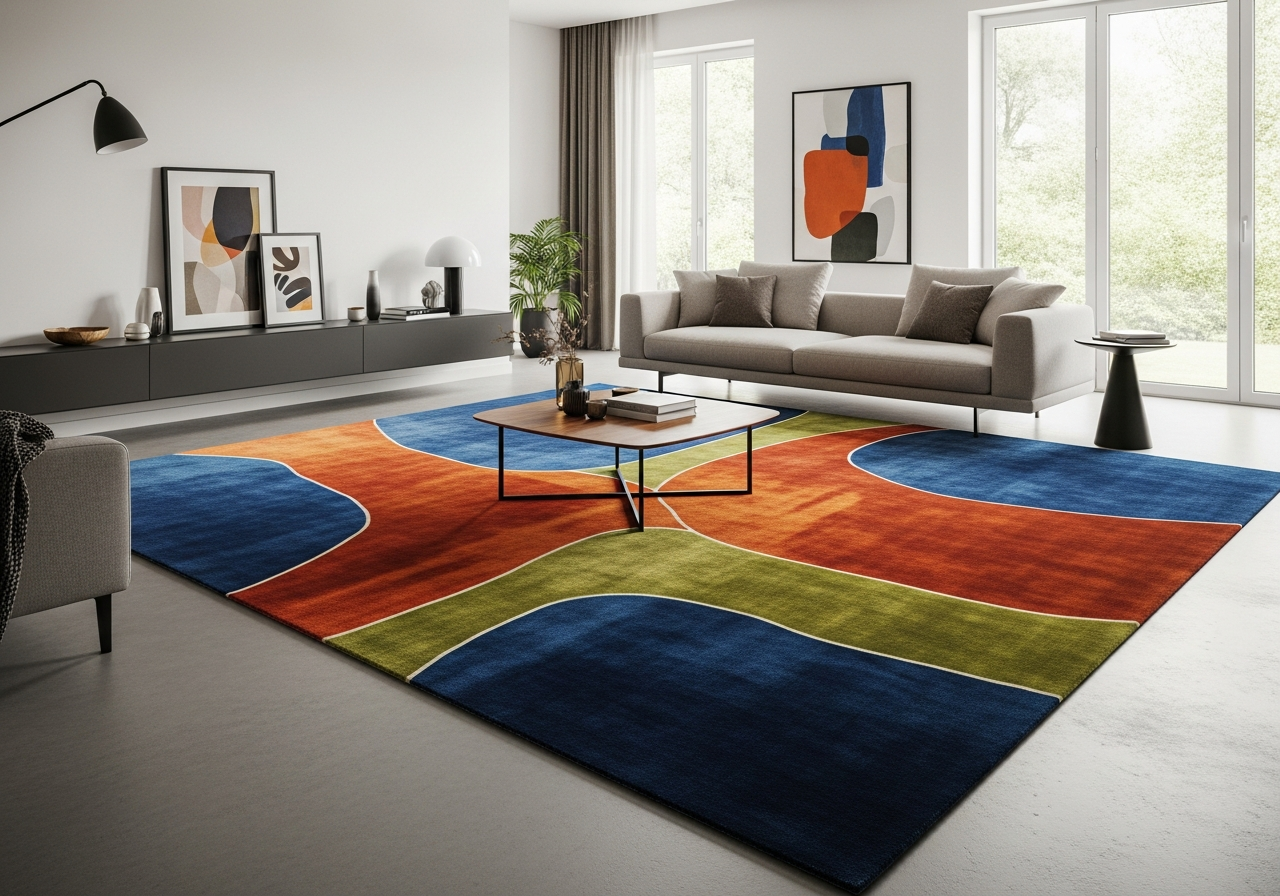 Living room showcasing a bold custom statement rug as the room focal point with furniture arranged around the rug design