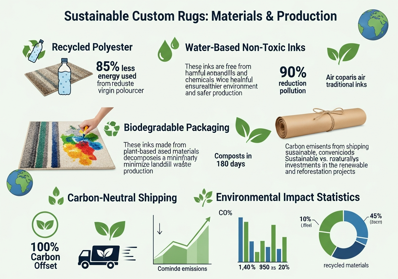 Infographic comparing sustainable custom rug materials including recycled polyester organic cotton and eco-friendly production processes