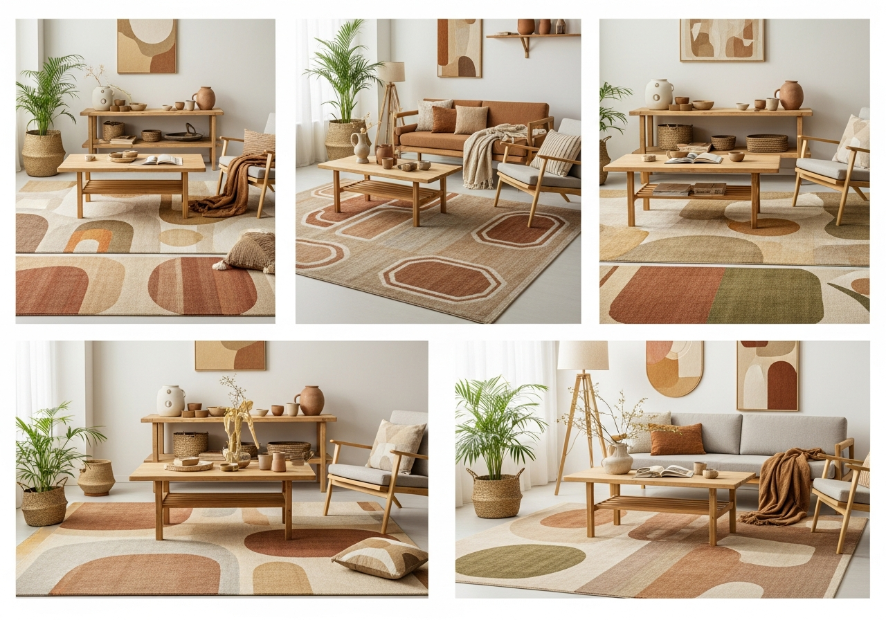 Examples of 2026 warm neutral rug color palettes featuring terracotta sage green sand cream and soft clay tones in various custom rug designs