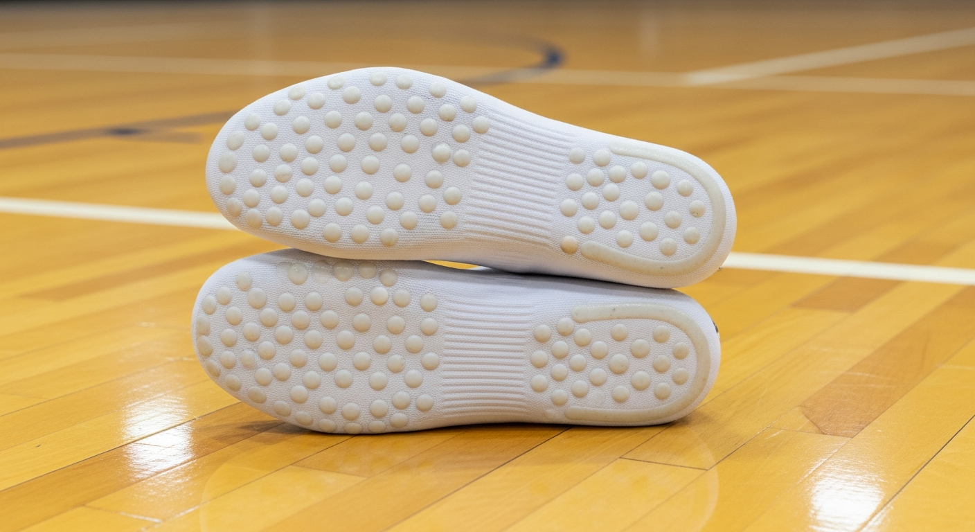 Custom grip socks for indoor sports with silicone dot pattern on sole for basketball and volleyball courts