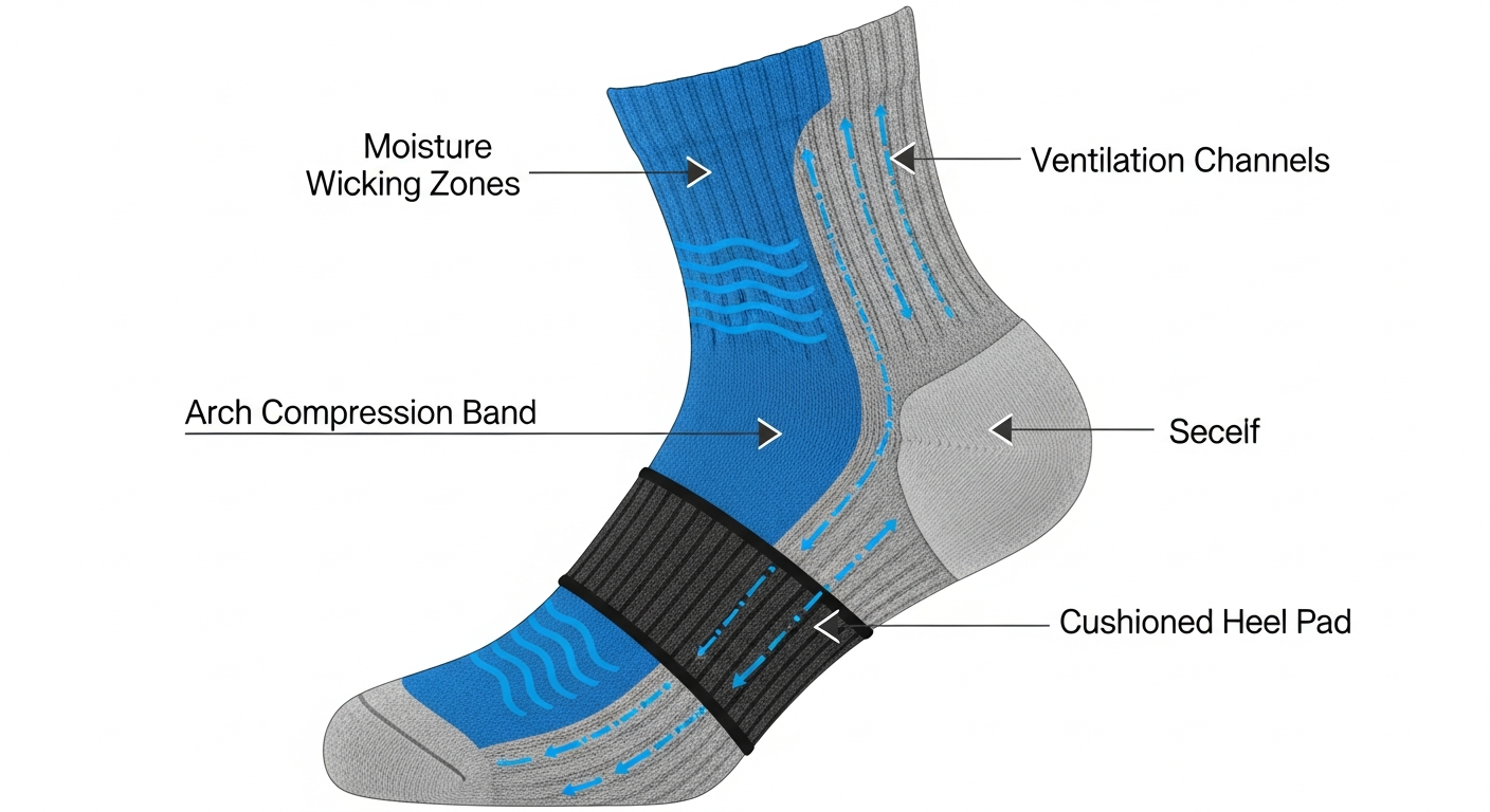 Custom athletic sock performance features showing moisture wicking zones arch support and cushioned heel areas
