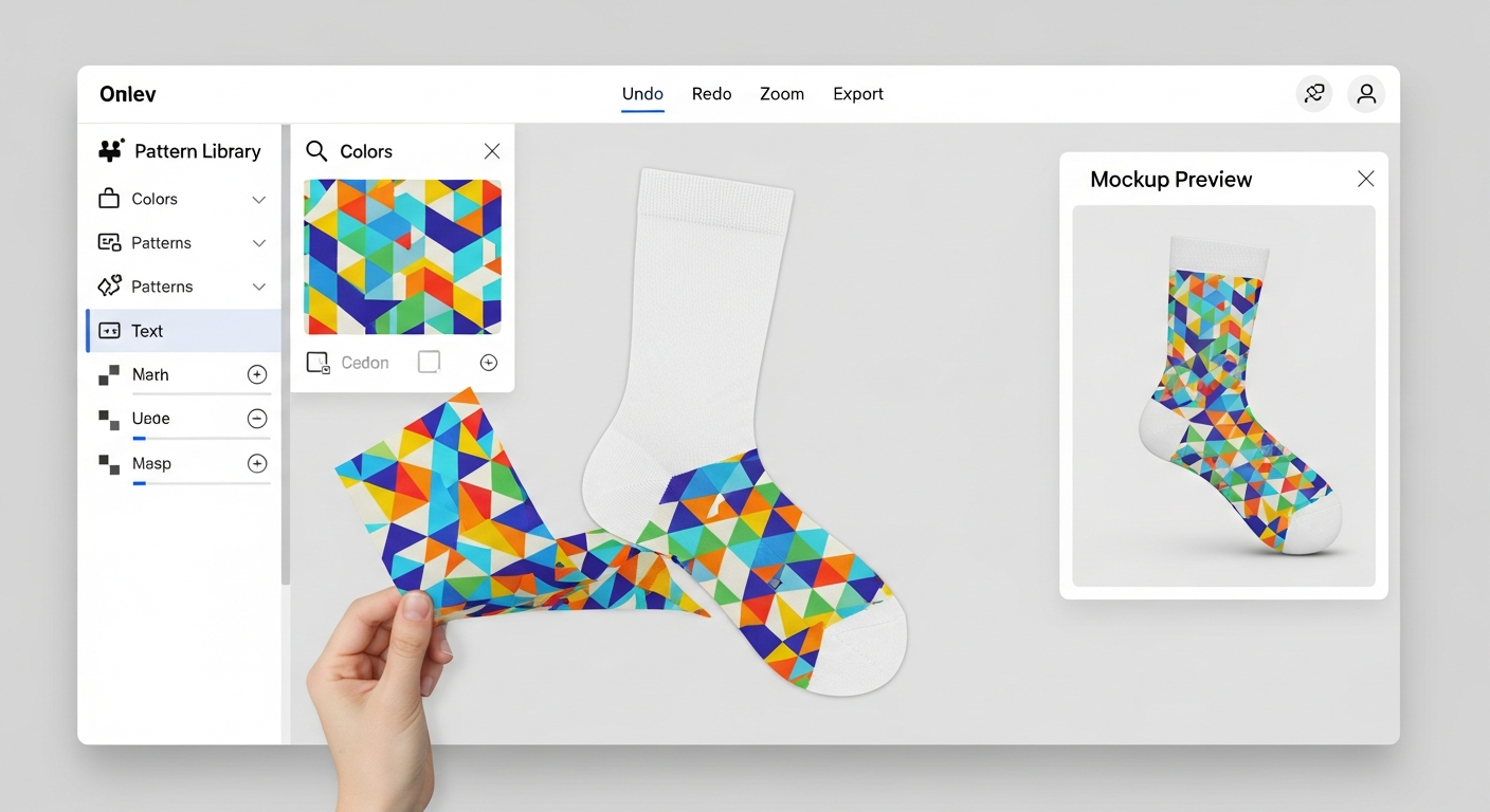 Online custom sock design tool showing drag and drop pattern placement on crew sock template