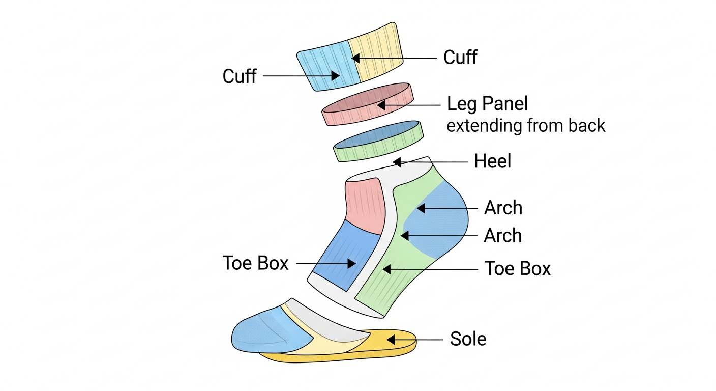 Custom sock anatomy diagram showing cuff leg heel and toe design zones