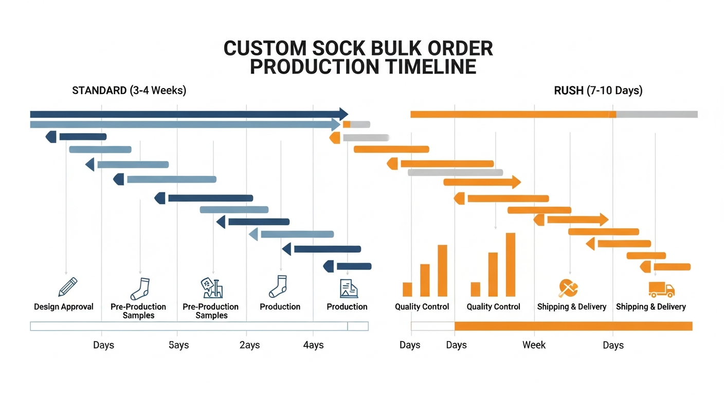 Custom sock bulk order production timeline from design approval to delivery showing standard and rush options