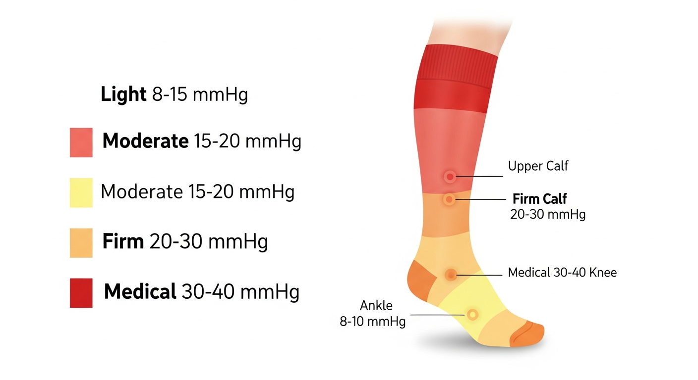 Compression sock mmHg level chart showing light moderate firm and medical grade pressure ranges