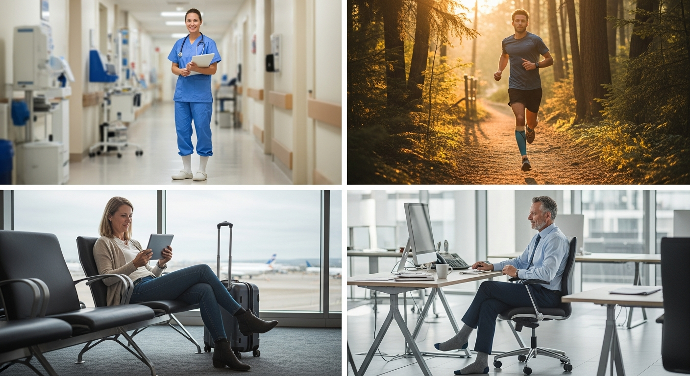 Custom compression sock use cases for nurses runners travelers and office workers with recommended styles