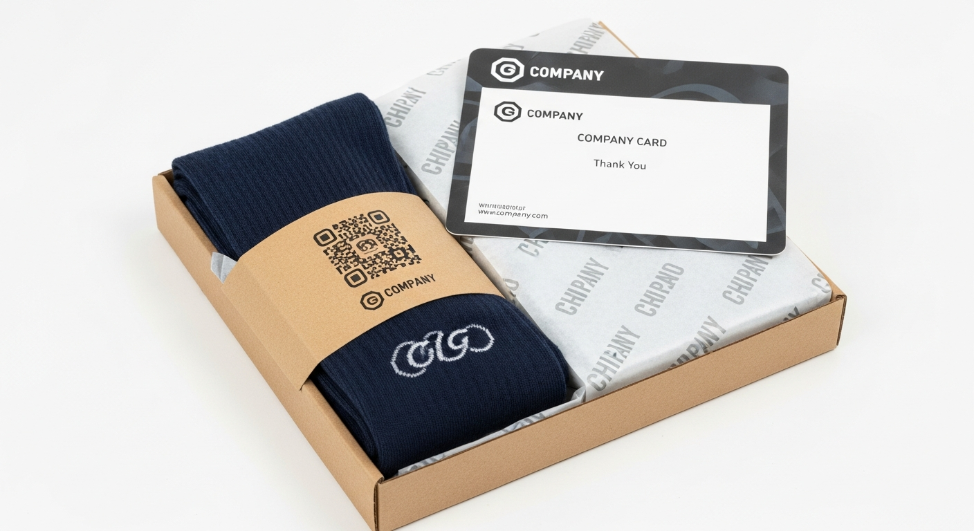 Custom corporate sock packaging with QR code belly band and branded tissue paper for trade show giveaways