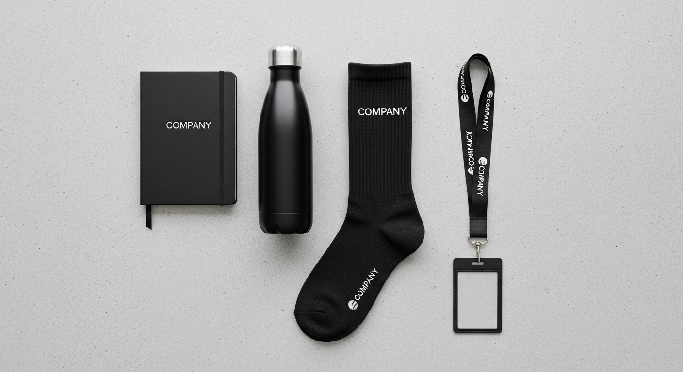 Employee onboarding welcome kit featuring custom branded socks alongside notebook and water bottle