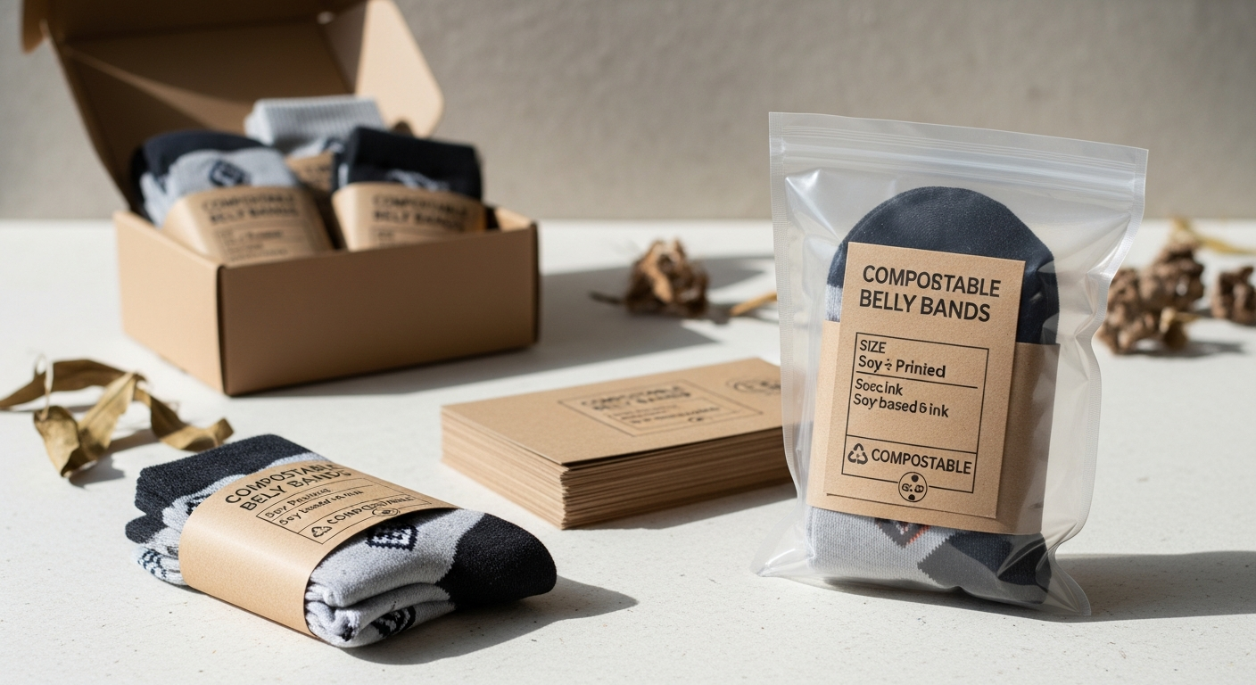 Sustainable custom sock packaging options including recycled cardboard bands and compostable poly bags
