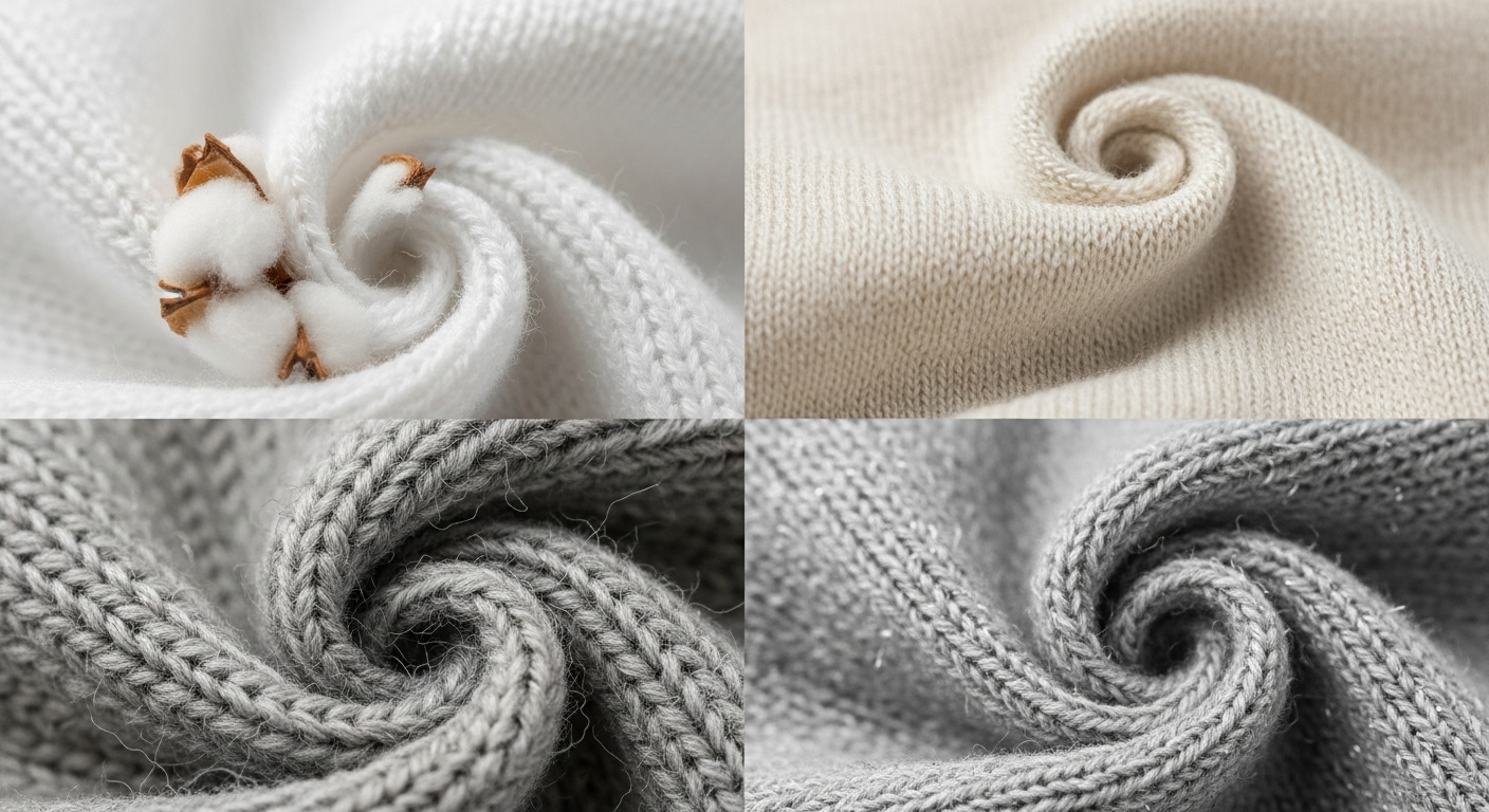 Close-up fabric swatches of cotton bamboo merino wool and polyester blend custom sock materials