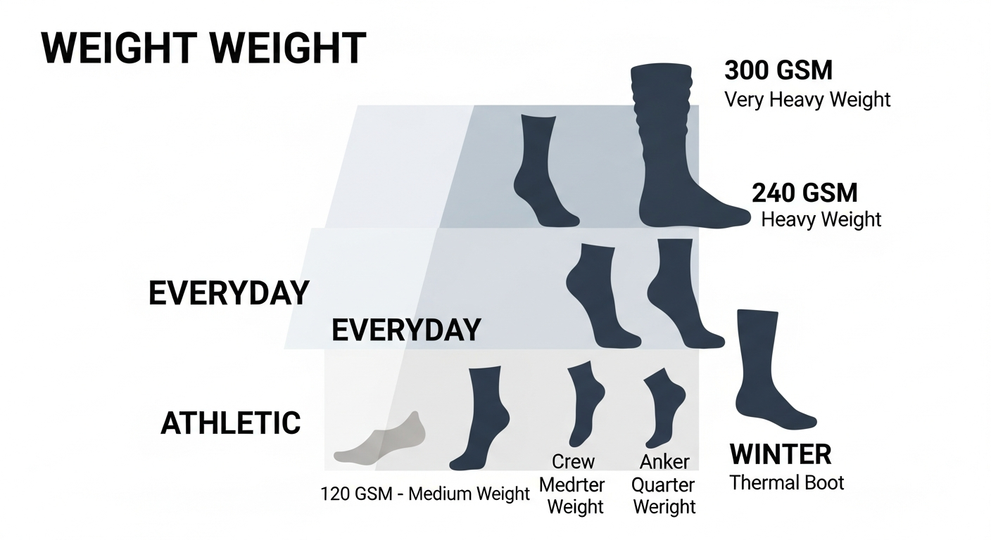 Custom sock weight comparison chart showing GSM ranges for lightweight athletic and heavyweight winter socks