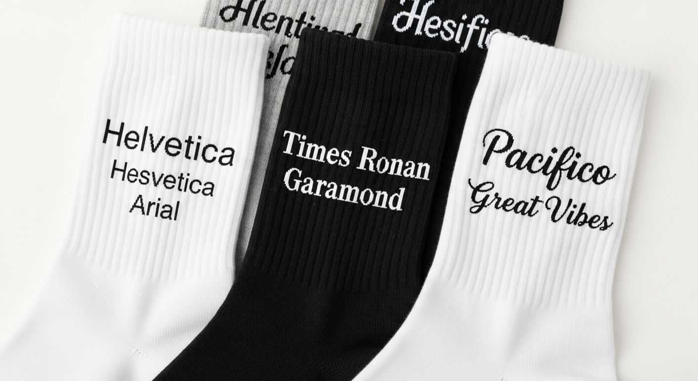 Custom sock font comparison showing sans-serif serif and script typefaces at different sizes on crew sock cuff