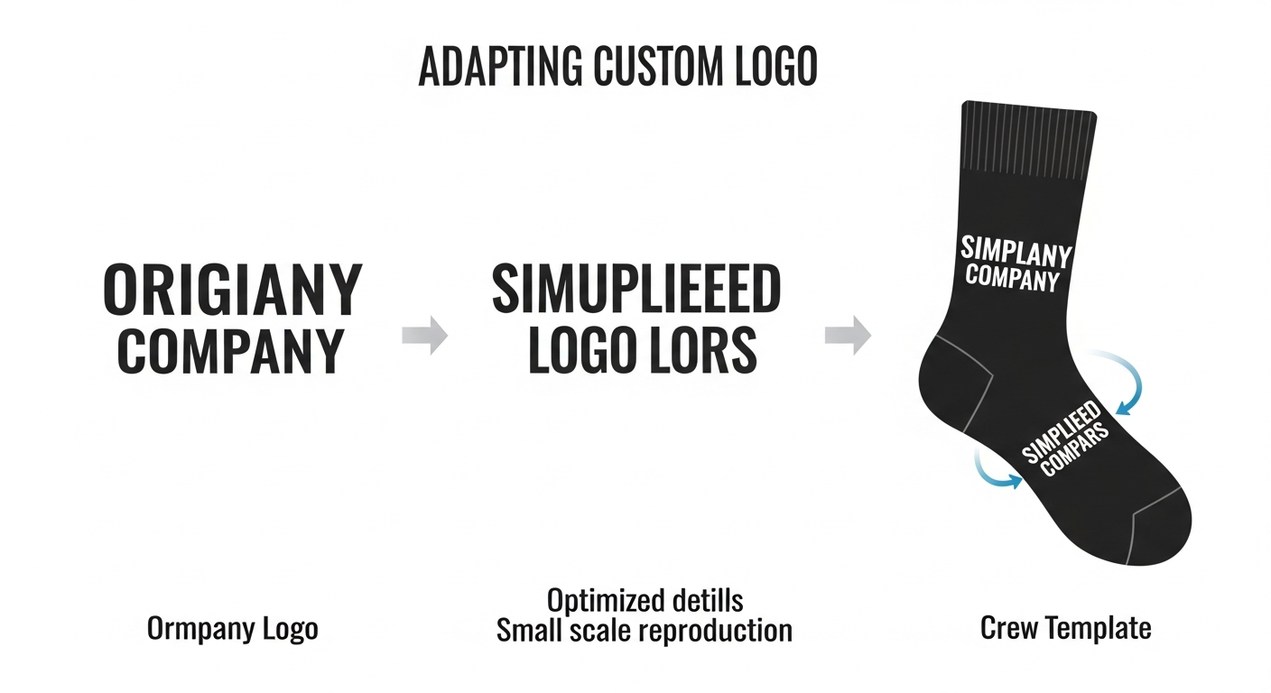 Step-by-step logo adaptation for custom socks showing original logo simplified version and sock-optimized placement