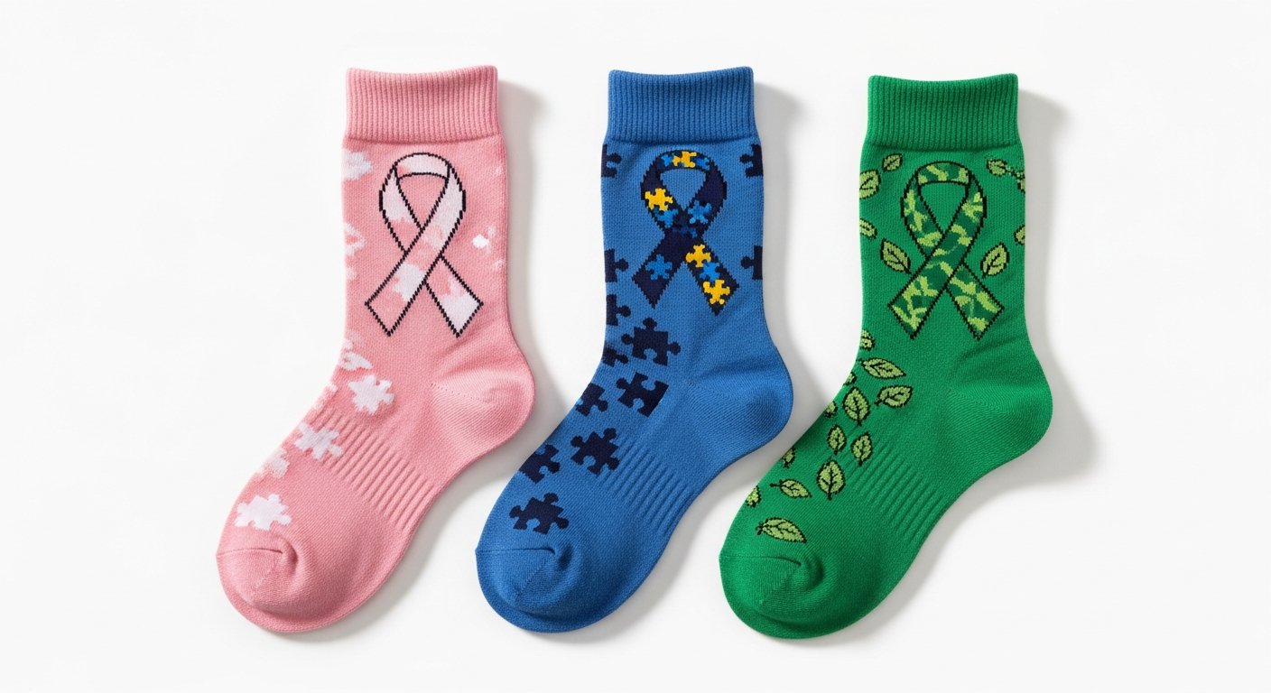 Cause awareness custom socks featuring ribbon designs for cancer research animal rescue and education campaigns