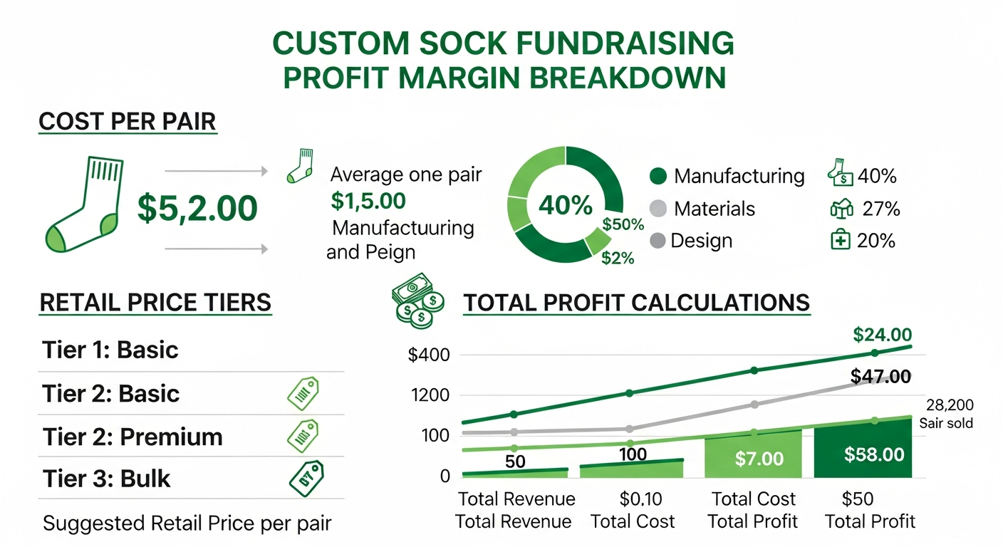Custom sock fundraising profit margin breakdown showing cost per pair and recommended retail price tiers